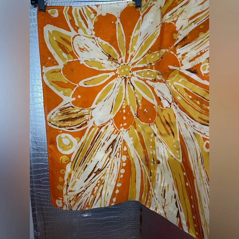 Elizabeth Arden Vintage Orange and Yellow Floral Patterned Silk Scarf